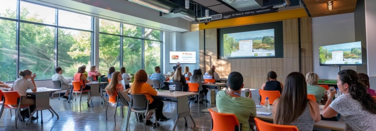 a vibrant, educational session on eco-friendly rafting takes place in a modern, indoor conference room, where enthusiastic rafters engage with interactive displays highlighting ocoee river conservation efforts.