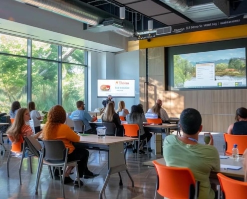a vibrant, educational session on eco-friendly rafting takes place in a modern, indoor conference room, where enthusiastic rafters engage with interactive displays highlighting ocoee river conservation efforts.
