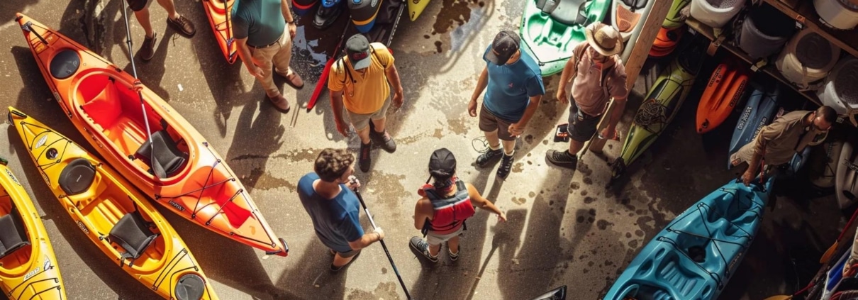 a dynamic urban setting captures a group of adventurers animatedly planning their weekend white water rafting trip, surrounded by sleek kayaks and gear in a bustling outdoor gear shop.