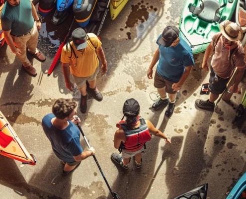a dynamic urban setting captures a group of adventurers animatedly planning their weekend white water rafting trip, surrounded by sleek kayaks and gear in a bustling outdoor gear shop.